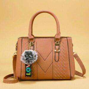 NWT- Women’s Fashion Tote Bag w/PomPom Charm, Faux Leather, Shoulder & Crossbody